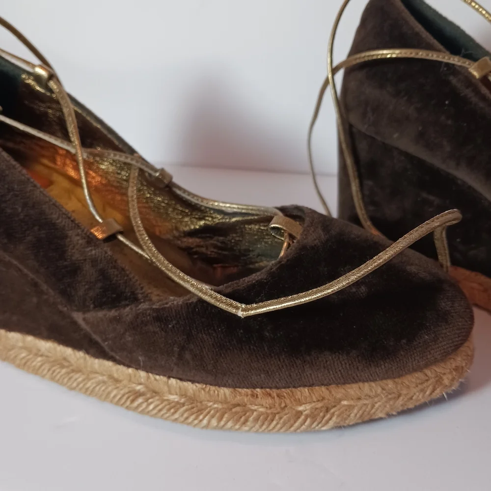 TORY BURCH Brown Velvet Espadrille Wedges Ankle Tie Sz 8.5 WornButNotWornOut
